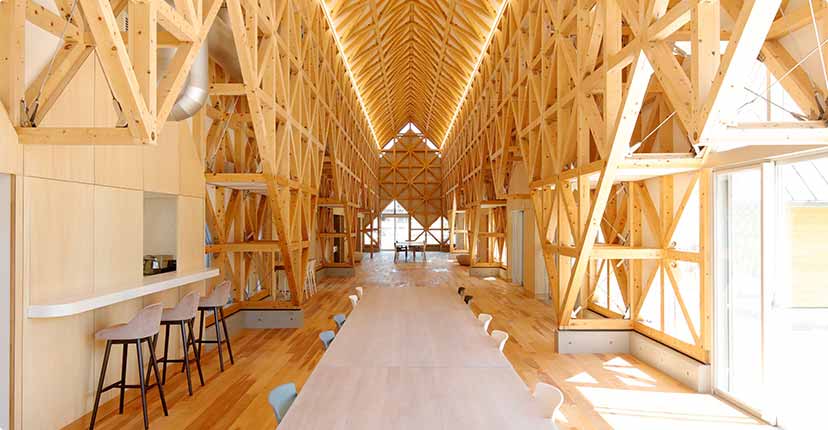 建物に一歩足を踏み入れると、壁面と天井を覆う「ラティス構造」と呼ばれる三角形の木組みに目を奪われます